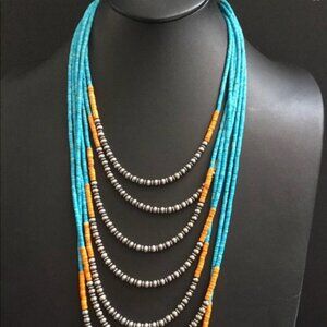 N.A Seven-strand Turquoise and Spiny Oyster 925 Necklace